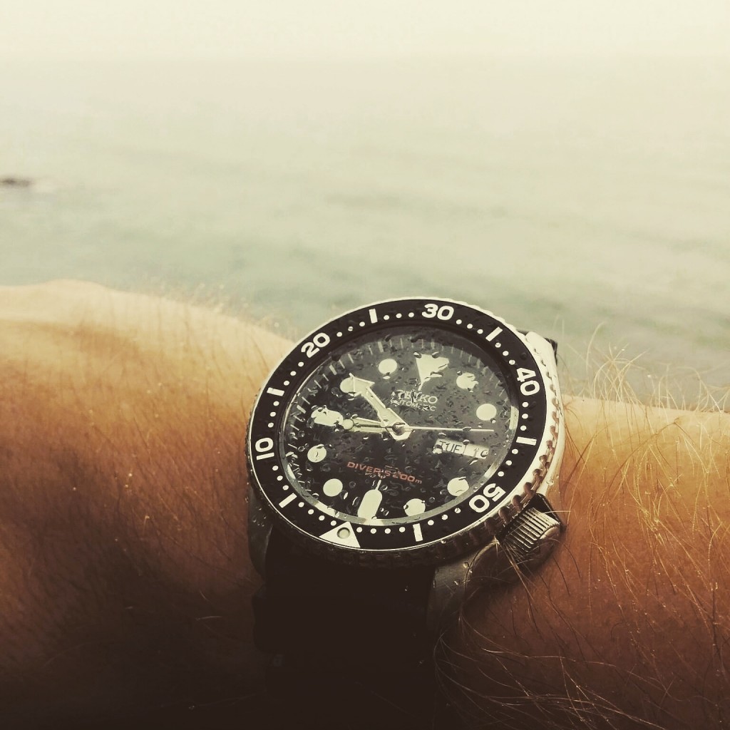Seiko SKX007 in the fog, with water droplets