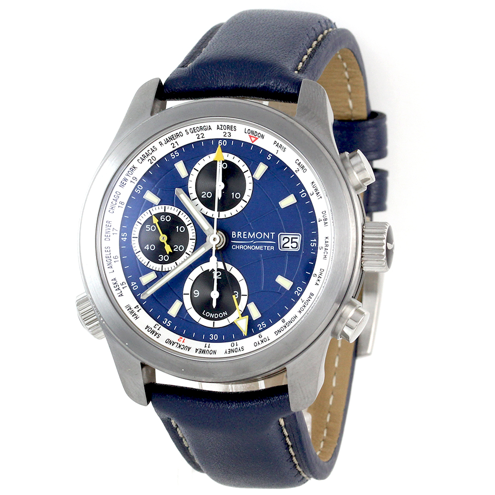 Side of Bremont ALT1-WT World Timer blue dial watch
