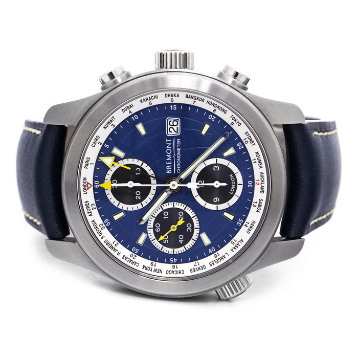Front  of Bremont ALT1-WT World Timer blue dial watch