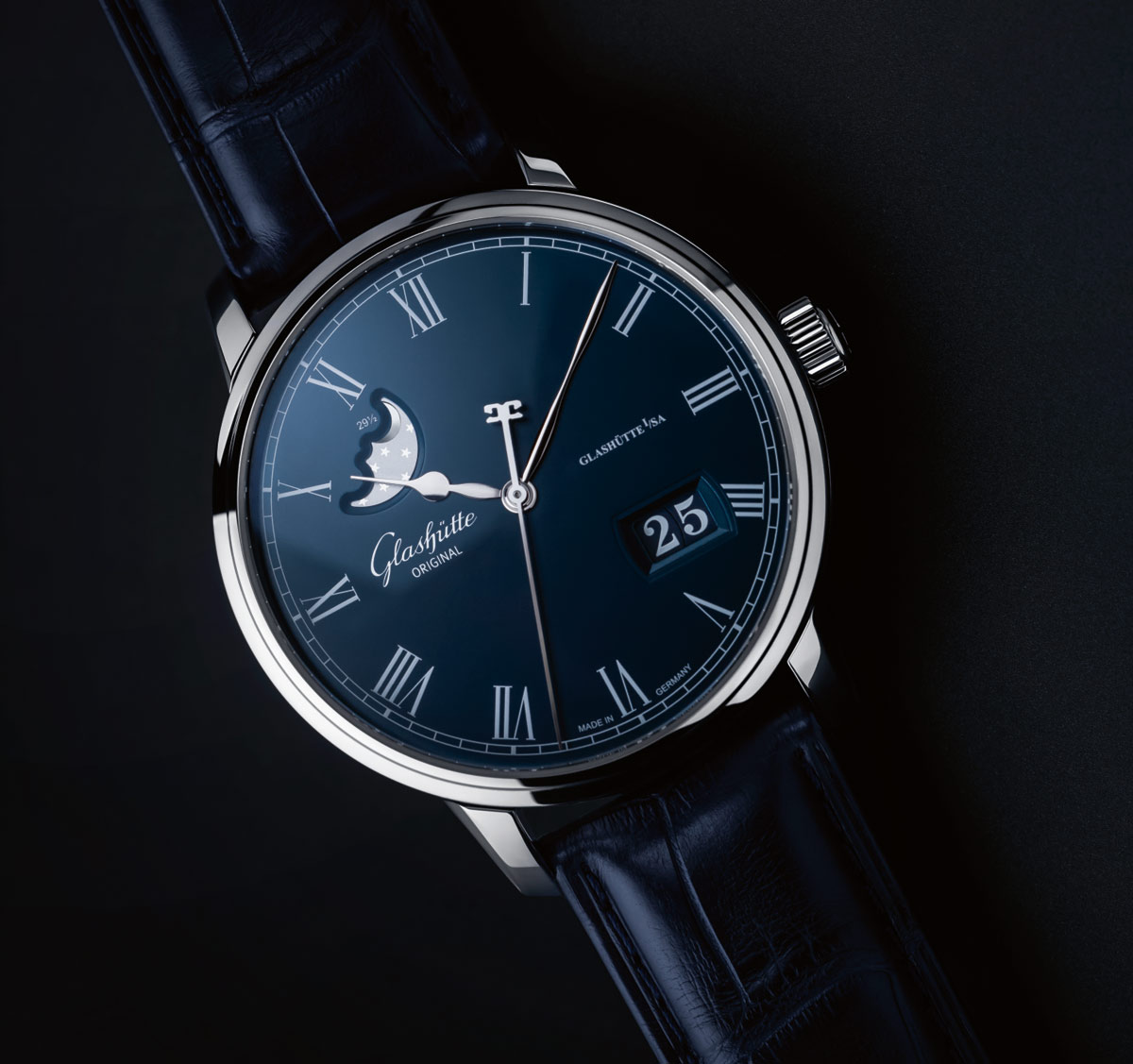 Side of Glashütte Original Senator Perpetual Calendar blue dial watch