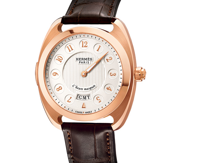 Front of Hermes 18k rose gold Le Temps Suspendu watch 