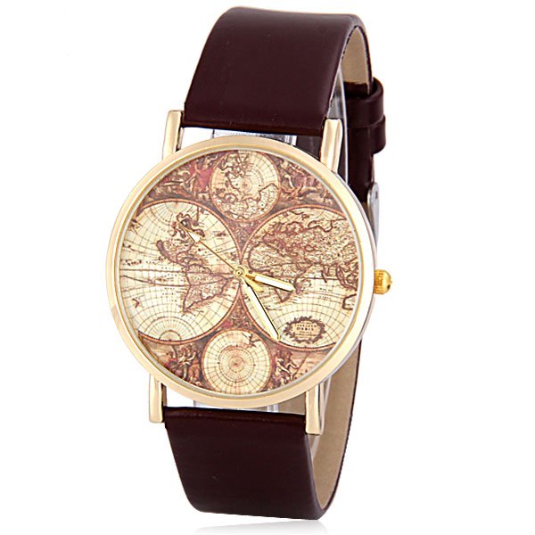 Stylish Quartz Watch with Map Analog Indicate Leather Watch Band for Women